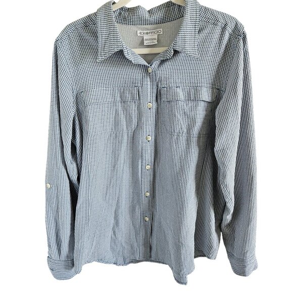 EXOFFICIO Woman Size L Gingham Hiking Shirt Rear Vent Roll tab Sleeve Button Up - Picture 1 of 7